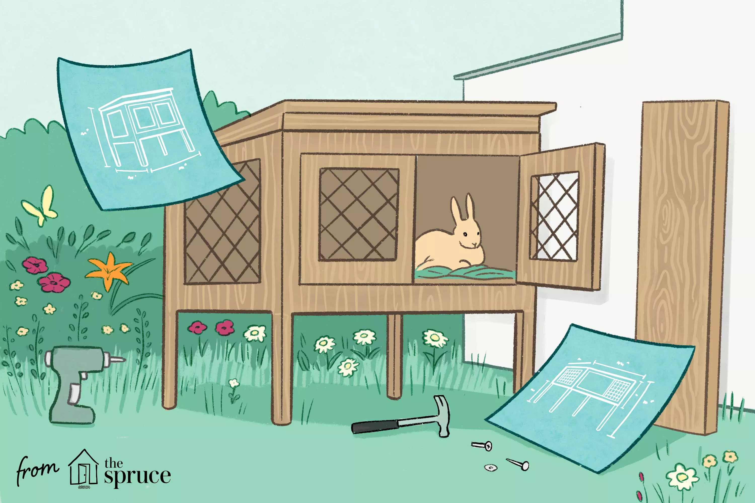 Illustration of a bunny in a hutch