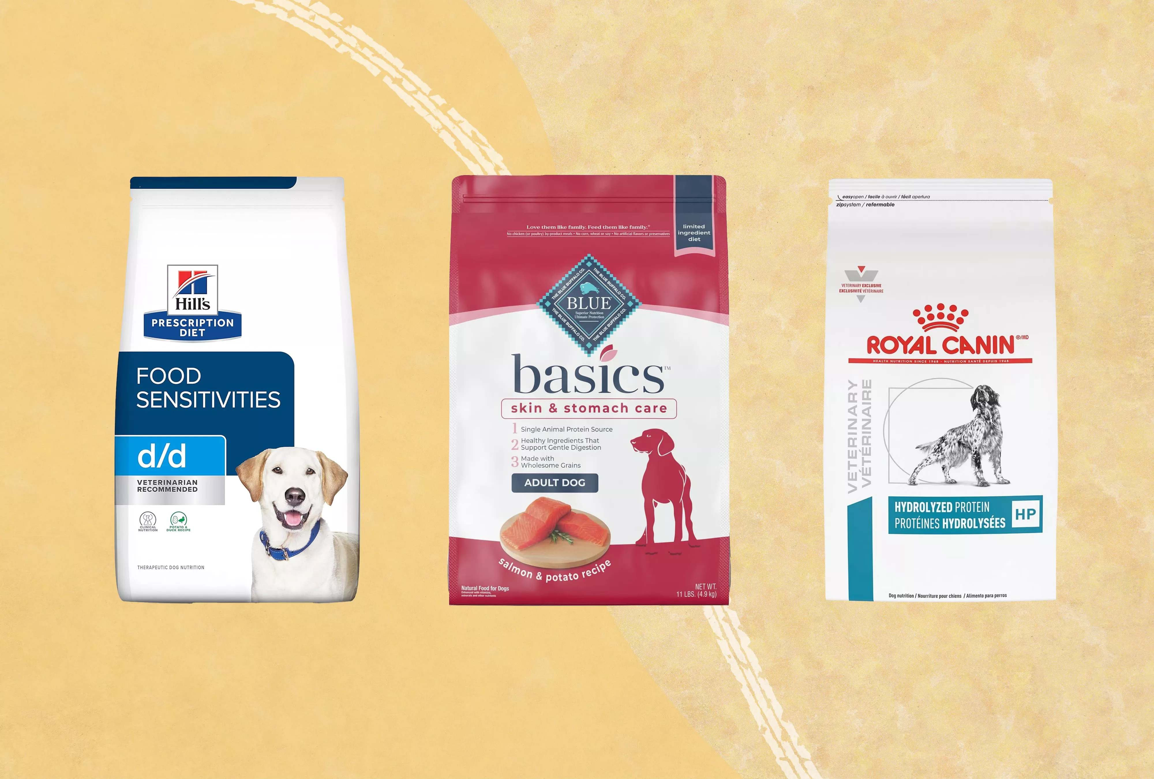 Assortment of the best dog foods for allergies we recommend on an orange background