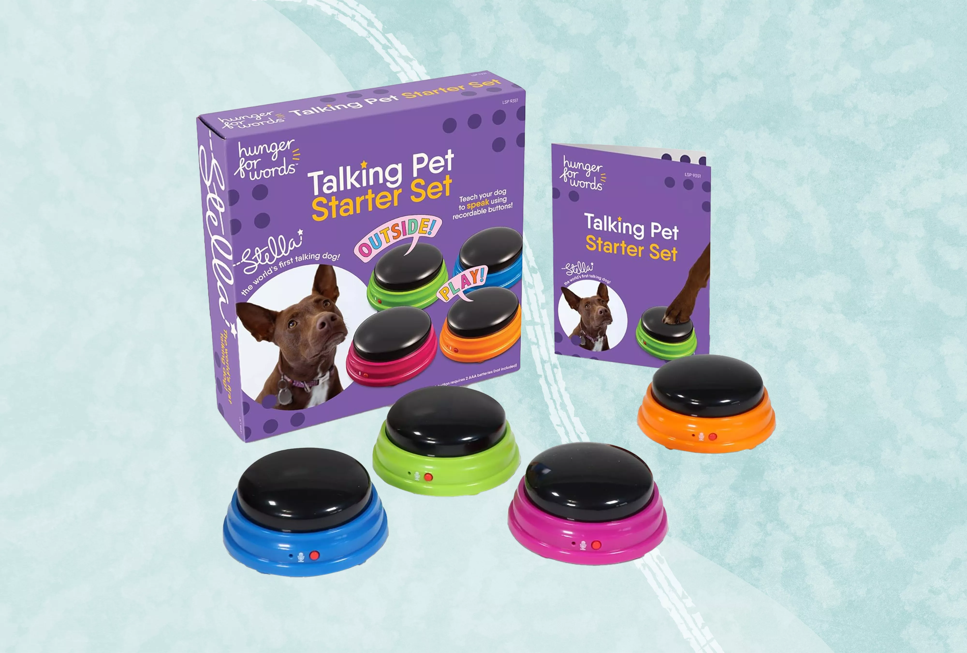 Dog talking buttons we recommend on a blue background