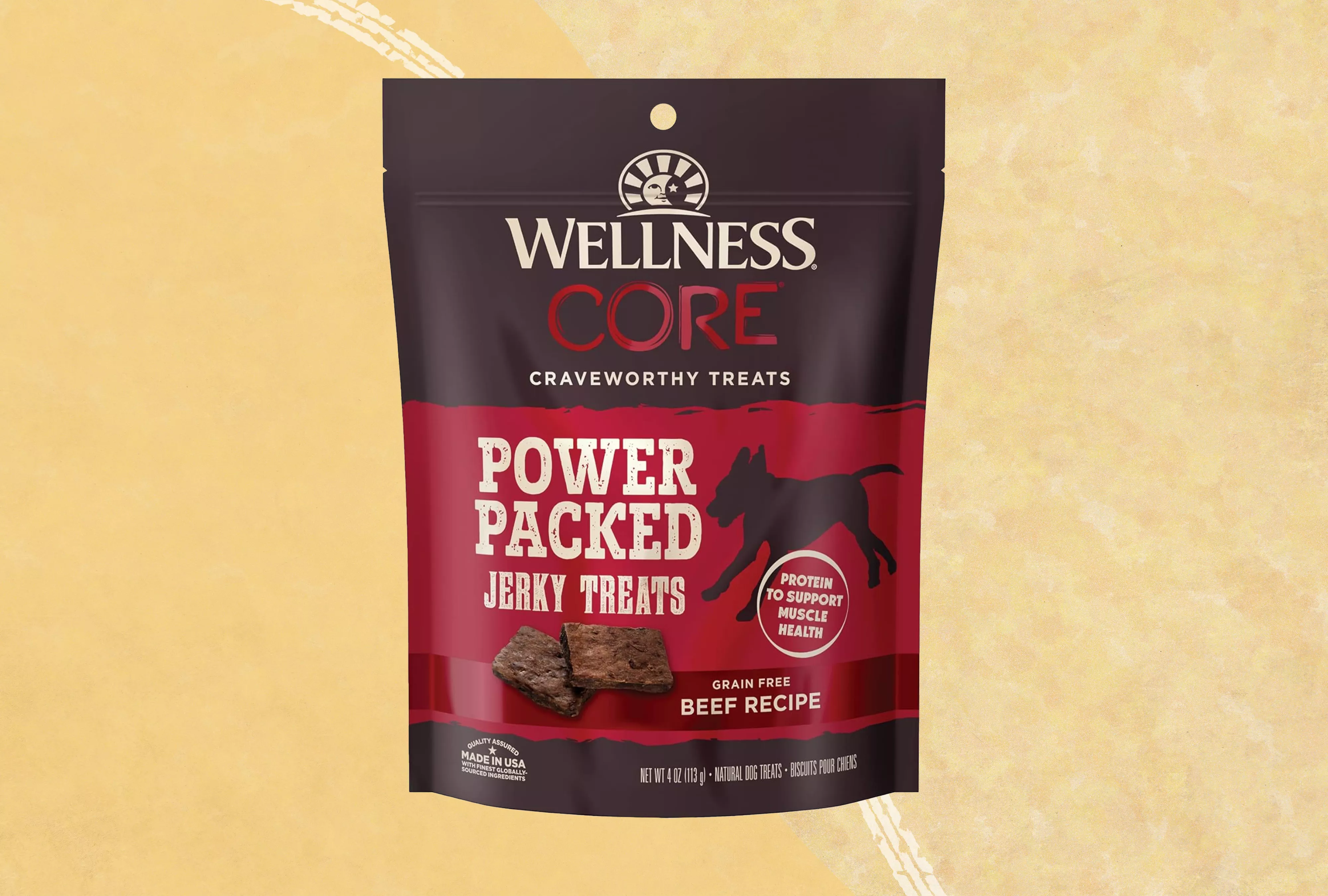 Wellness CORE Pure Rewards Power Packed Jerky Treats displayed on an orange patterned background