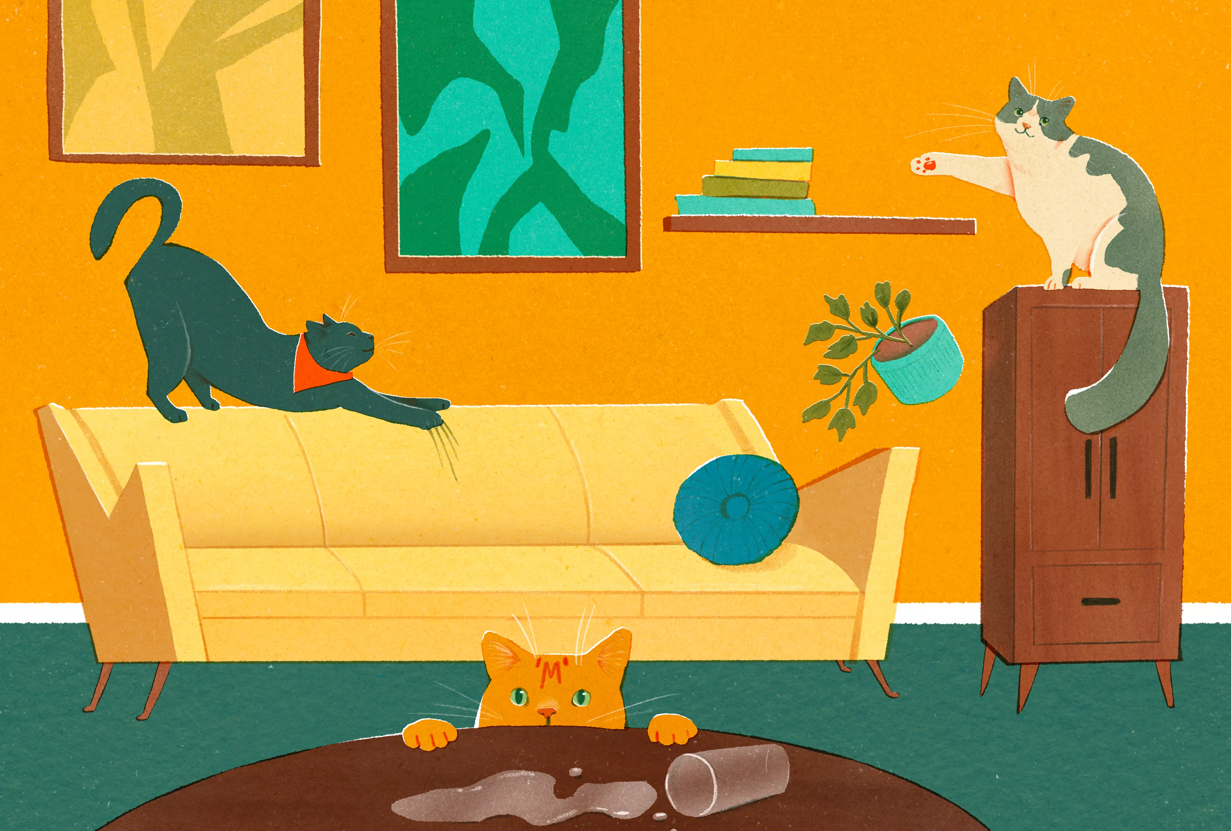 illo of three cats wrecking havoc